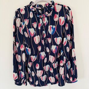 Talbots Blouse Blue Pink Floral Tulips Spring Long Sleeve Romantic Ruffles 1X